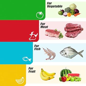 4Pcs Chopping Boards - Cutting Board, Multipurpose Colored Mats, Anti-Skid Chopping Board Set, Easy Hanging Boards with Colored Food Icons, Multipurpose, Dishwasher Safe Material (4 Colors)