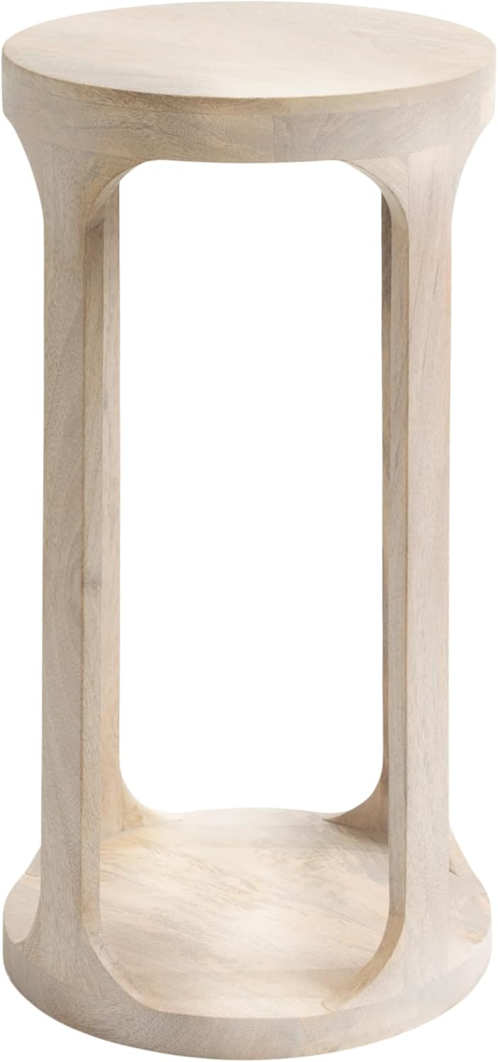 Kate and Laurel Dahl Wooden Round Drink Table; 12 x 23; Whitewash; Transitional Boho Circle Wood Accent Pedestal Table for Living Room Plant Stand or Small Bedroom Nightstand