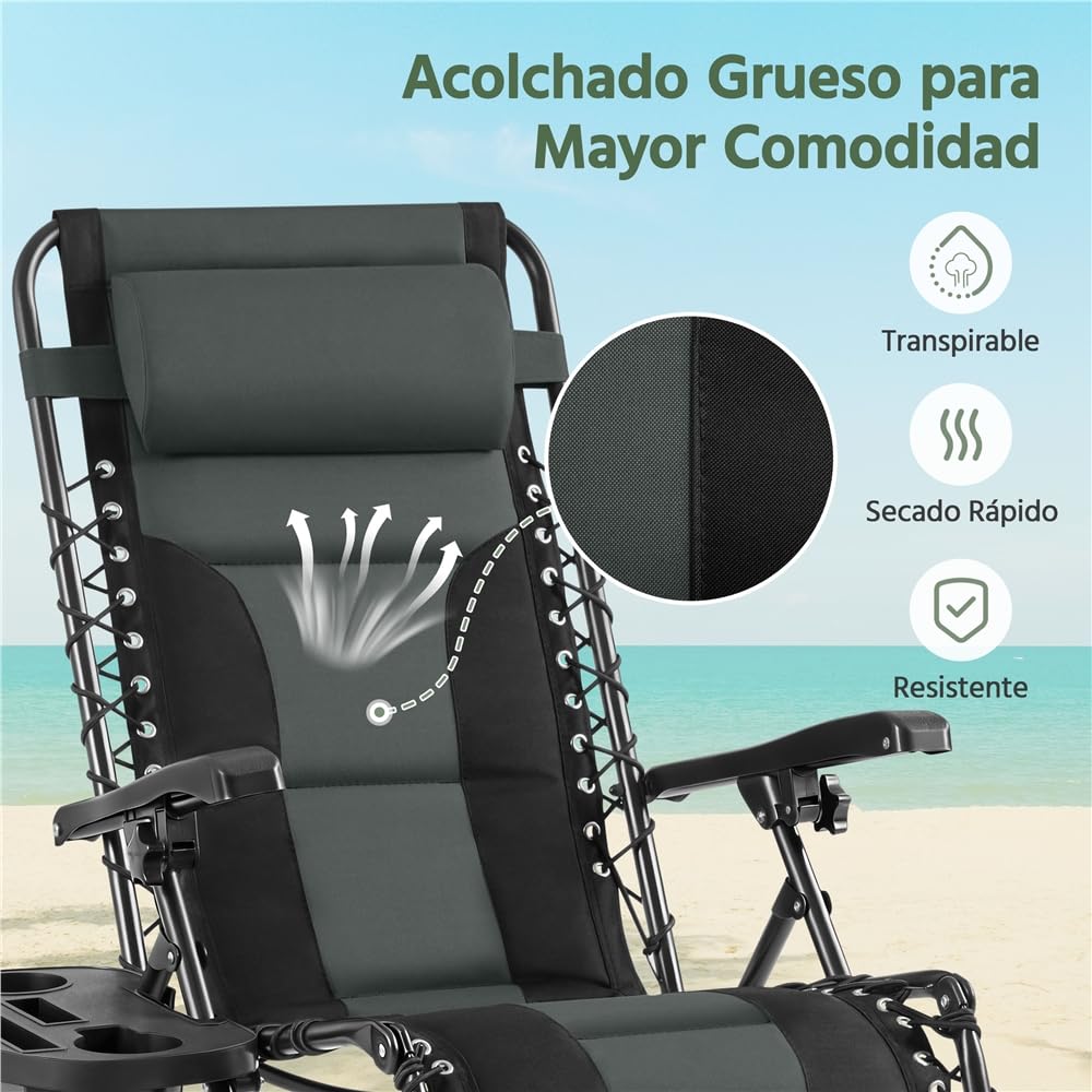 Yaheetech Tumbonas Jardin Exterior Silla Reclinables de Cero Acolchada Tumbona Plegable Tumbona Playa para Piscina con Portavasos Negro/Gris Carga Máxima: 114 kg