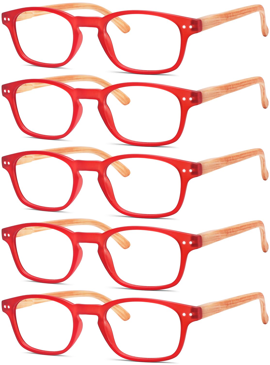 Eyekepper 5-pack Spring Hinge Wood-grain Printed Arms Reading Glasses Red,+3.0