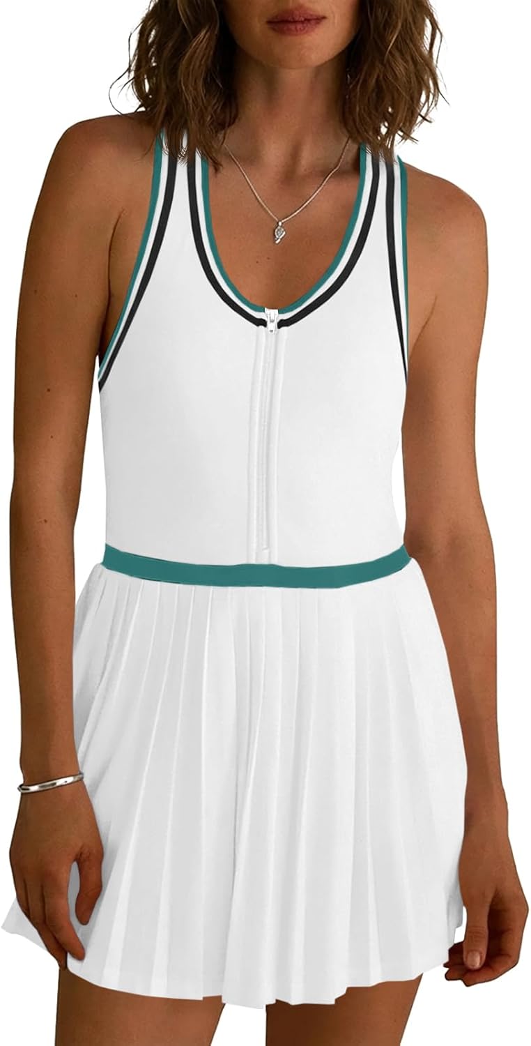 Fisoew Womens Tennis Mini Dress Half Zipper Racerback Athletic Workout Pleated Dresses with Built-in Shorts& Bra