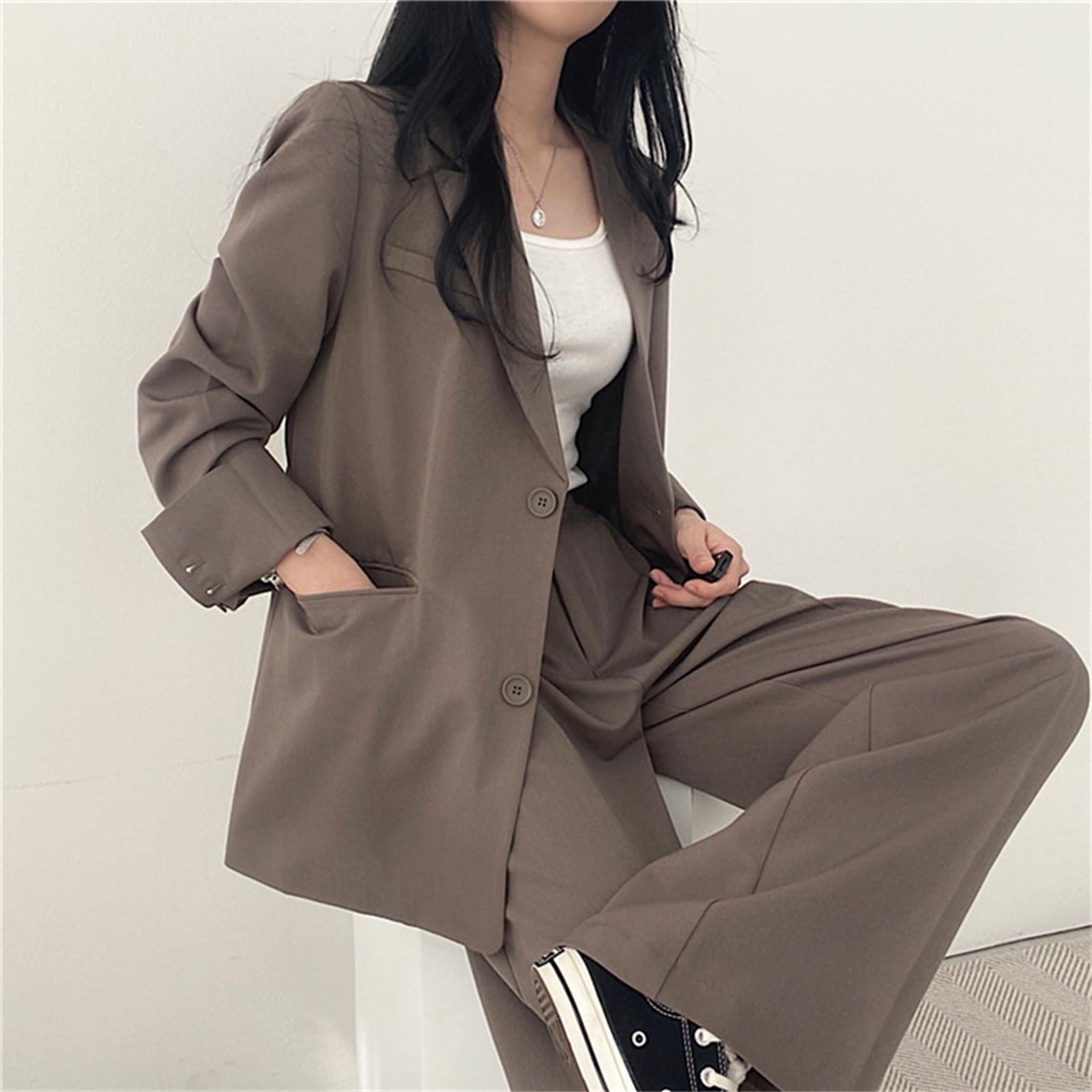Womens 2 Piece Casual and Business Suit Set Oversized Blazer High Waisted Wide Leg Pants Outfit
