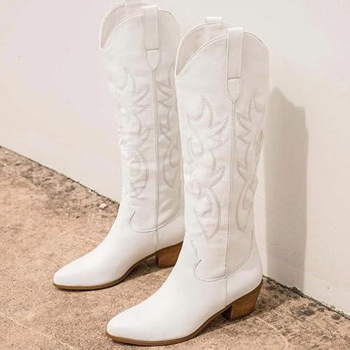 Miniatura 2 de MeiLuSi Botas vaqueras para mujer, hasta la rodilla, botas vaqueras con punta puntiaguda, tacón grueso, zapatos de gamuza con bordado