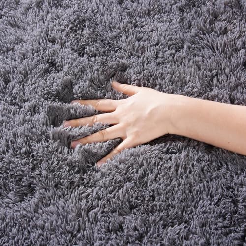 Image of Luxury Shaggy Carpet Solid Plain Fluffy Fur Rectangular Rugs For Bedroom Living Room 2X6 Feet Microfiber & Polyster Modern Interior Floor Mat Dark Grey