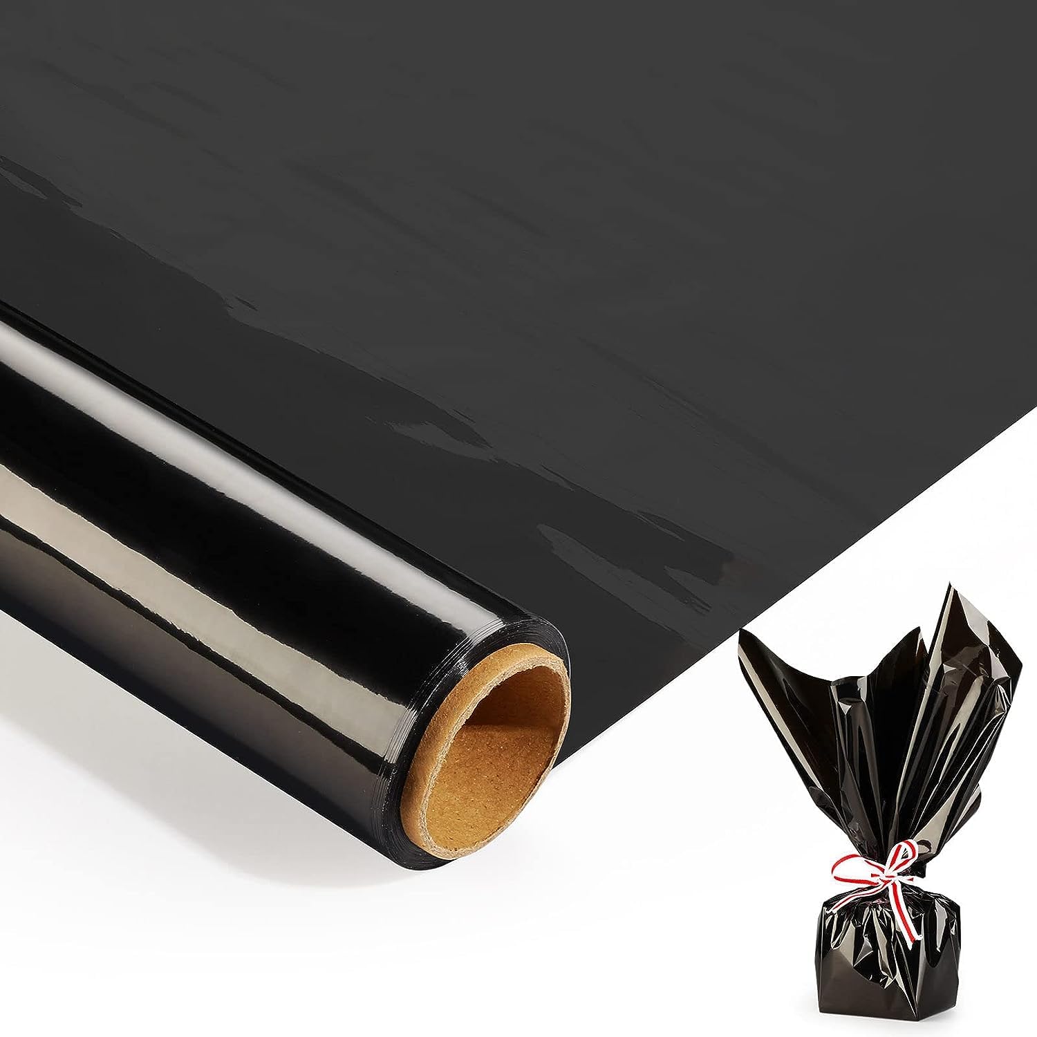 100ft x 17“ Black Cellophane Wrap Roll - Black Cellophane Wrap for Halloween to Wrap Gift Basket, Treat, Wine, Party Decoration