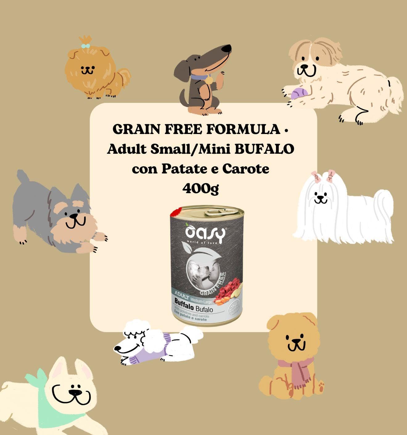 Oasy umido cane adulto grainfree, alimento completo per cani adulti di taglia media e grande (medium) gusto BUFALO | 6 scatolette da 400 grammi l’una.