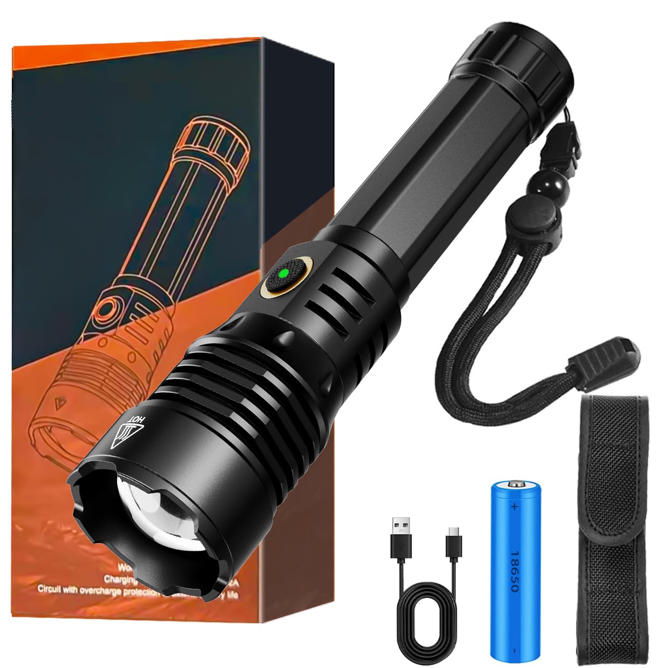 KZK Taschenlampe Led Extrem Hell USB-C Aufladbar 500000 Lumen, Superhell Zoombare Taktische Flashlight Torch Mit 6 Lichtmodi, IP67 Wasserdicht Mit Holster für Camping, Wandern, Outdoor, Notfäll
