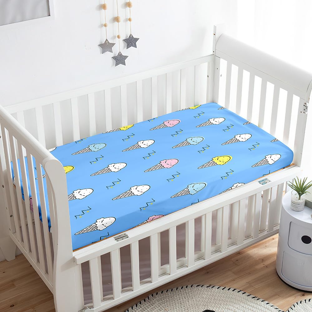 Odot Cot Bed Sheets, Ice Cream Print Bedside Cribs Fitted Sheets, Baby Bed Sheets Microfiber Cot Bed Mattress Protector, Bassinet Sheets, Easy Care Soft and Dureable (Blue,65x95 cm)