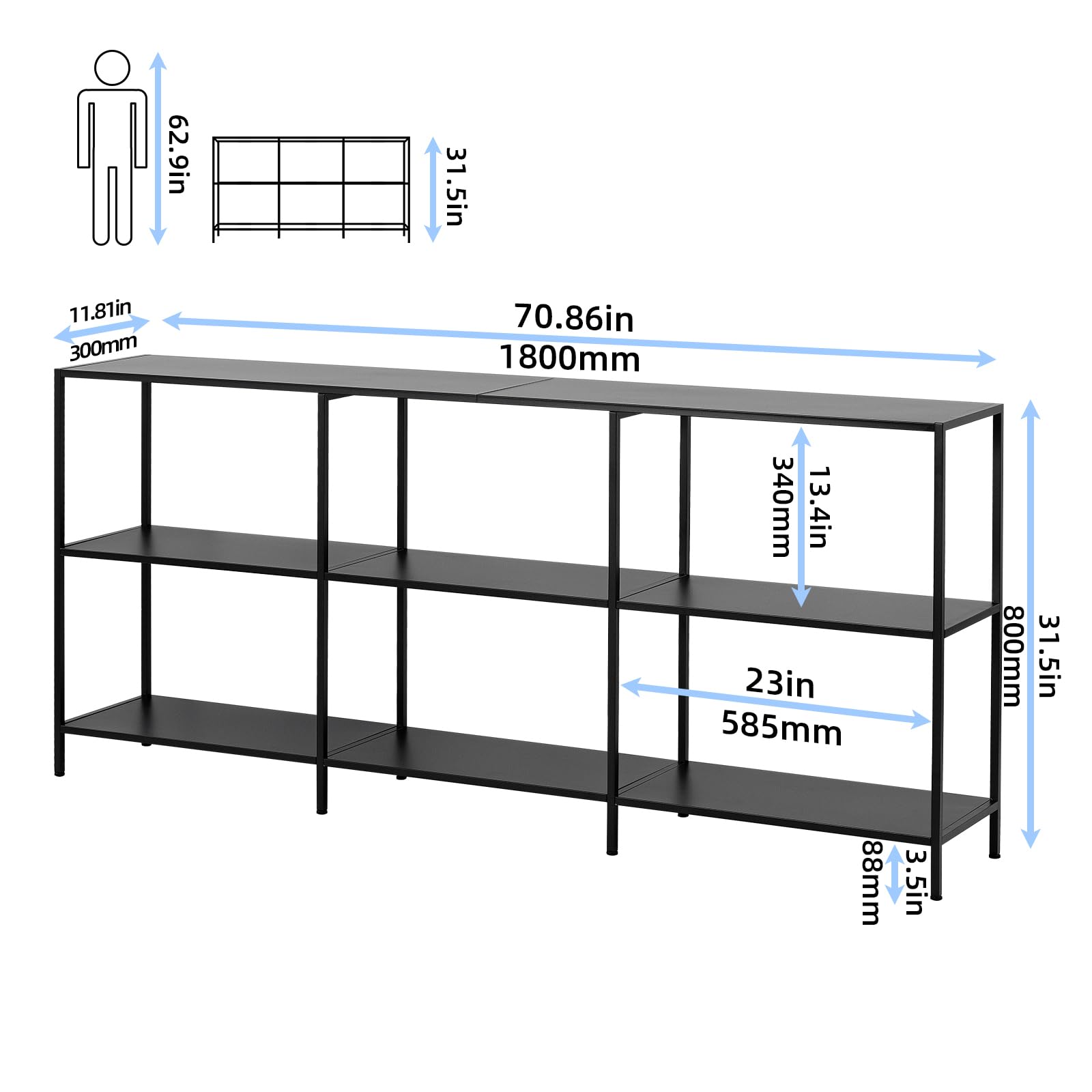 HDANI Konsolentisch Schmaler,3 Ablagen,Metall Flurtisch,Schwarz,180x30x80cm