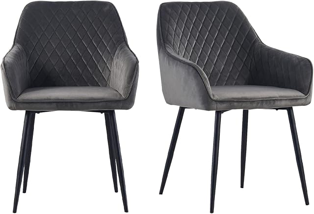 AINPECCA Set of 2 Dining Chairs Grey Velvet Armchairs with Armrest & Backrest Upholstered seat with Black Metal legs (Grey, 2)