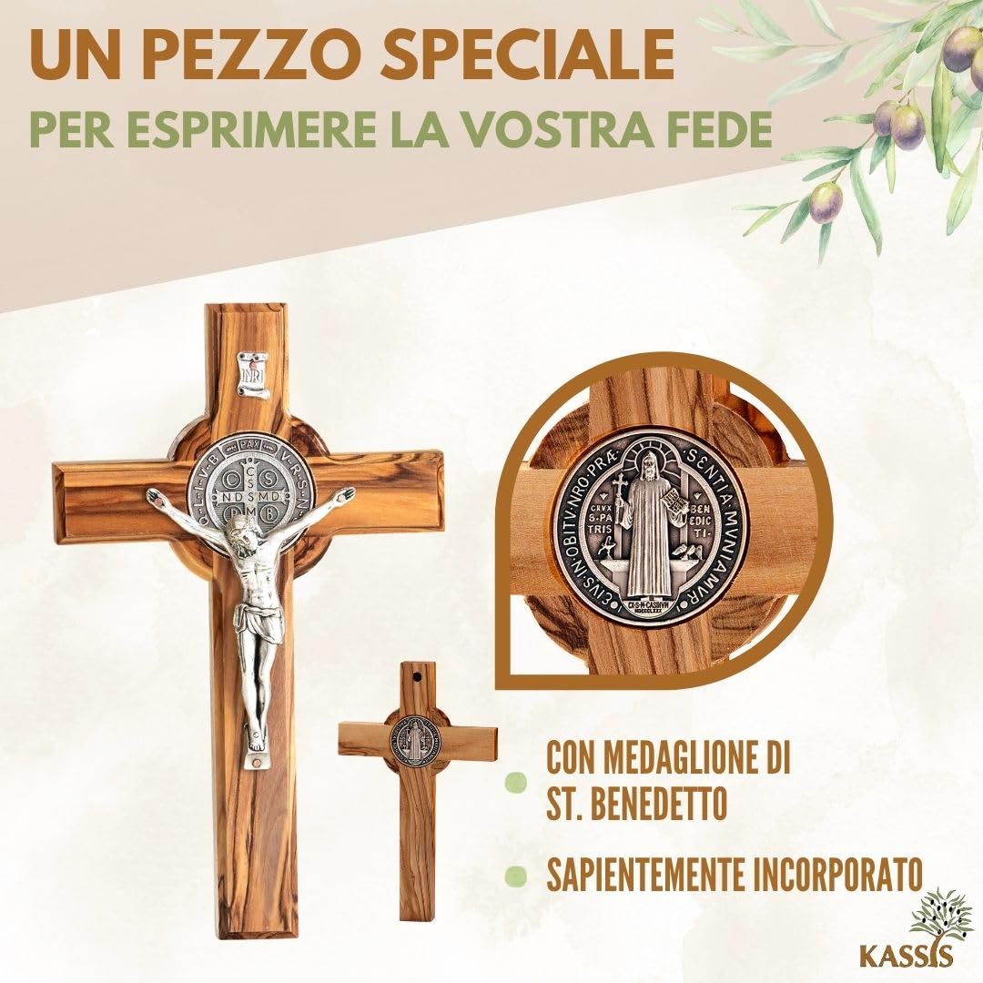 KASSIS Crocifisso di San Benedetto fatto a mano - Croce da parete in legno d'ulivo 16 cm - Regalo per nascita, battesimo, cresima e comunione - Decorazioni religiose per la casa