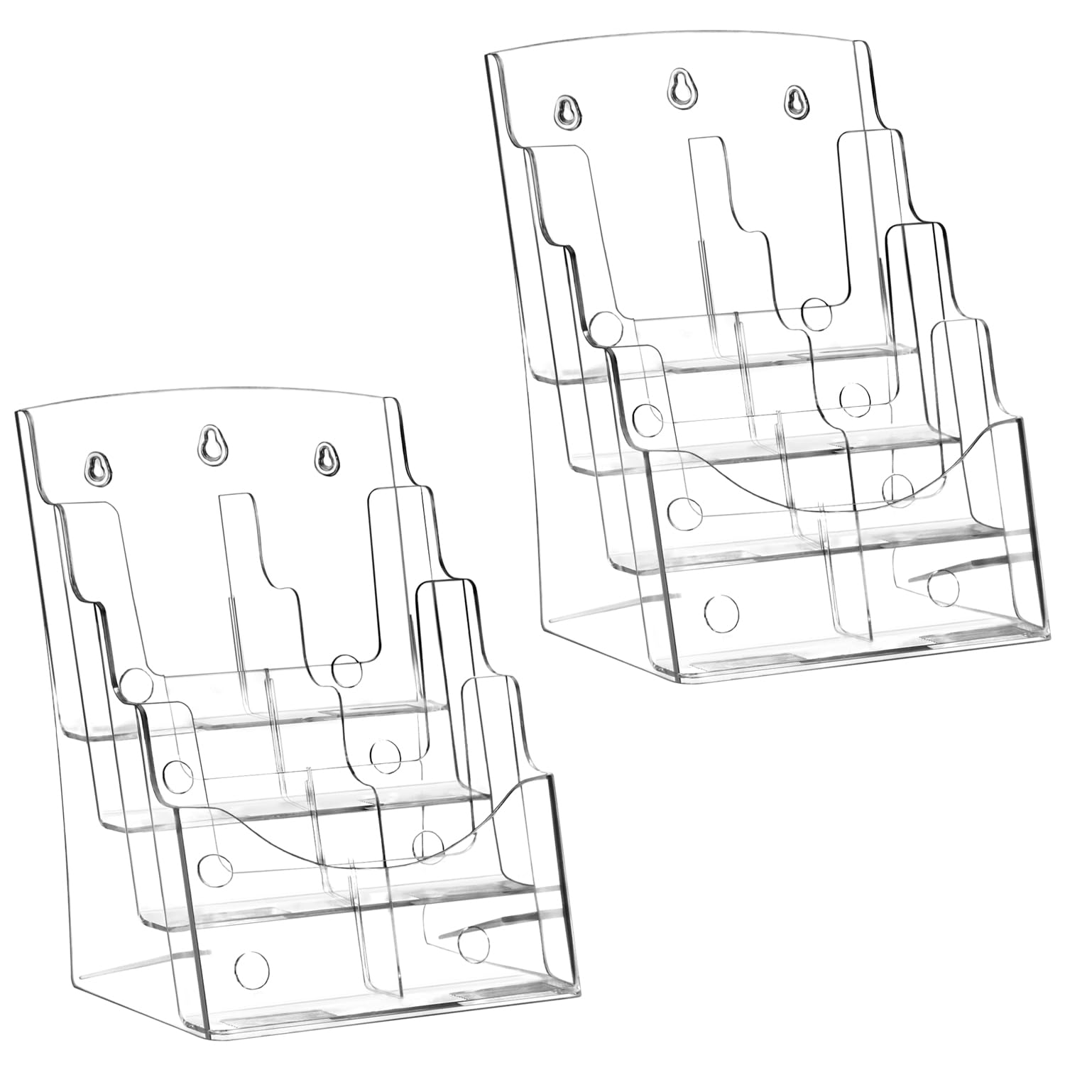 QWORK Confezione da 2 supporti per brochure a 4 ripiani in acrilico trasparente, 21,6 x 27,9 cm, con divisore rimovibile, inclinato, montaggio a parete e piano di lavoro, supporto per opuscoli,