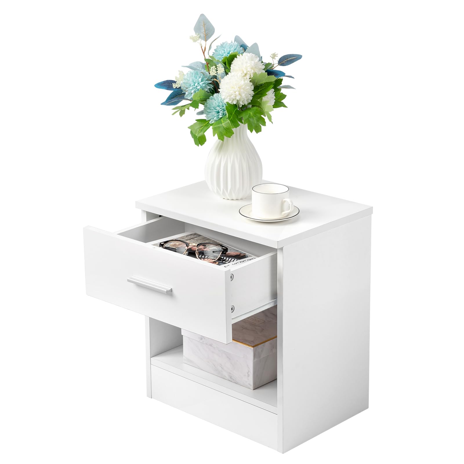 Nachttisch 2er Set Nachtschrank Schlichter Beistelltisch Kommode mit 1 offenem Fach und 1 Schublade 39 x 29 x 41 cm (2, Weiß)
