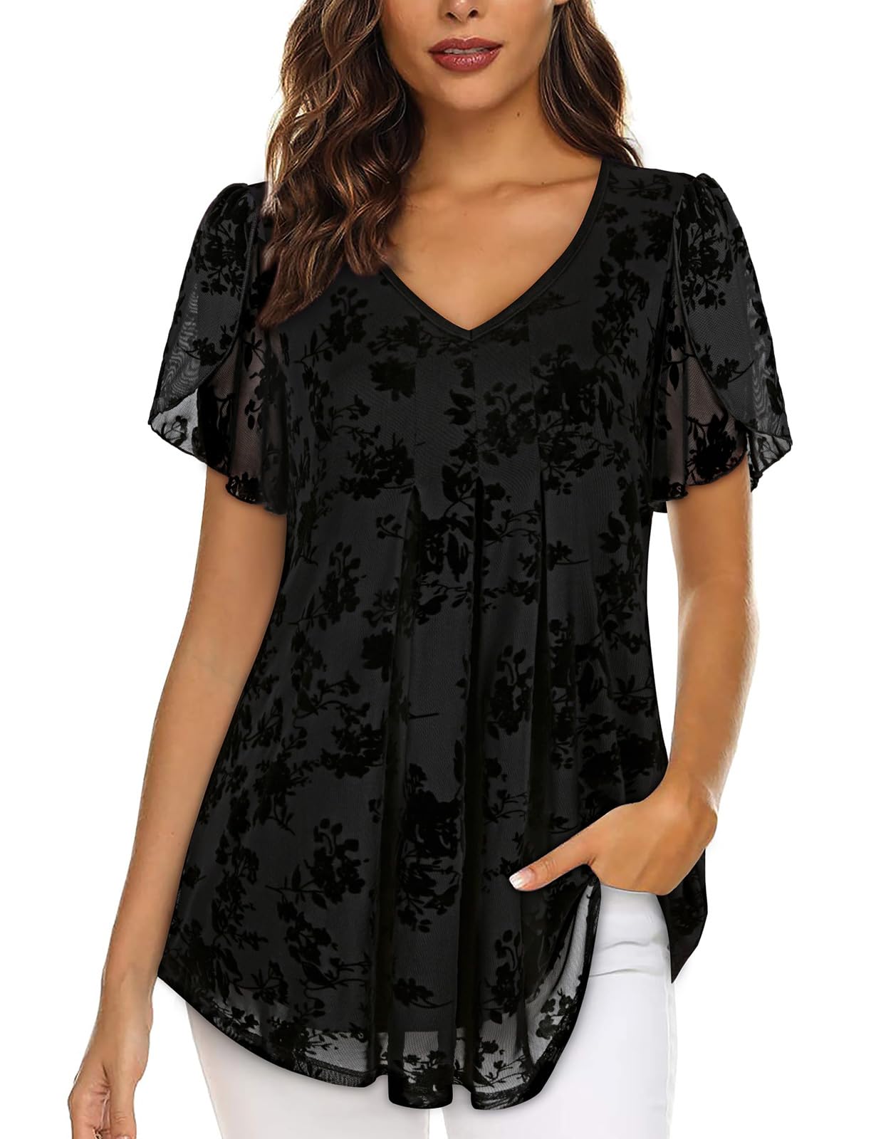 Misyula V Neck Short Sleeve Double Layers Elastic Mesh Blouse Casual Flowy Tunic Tops