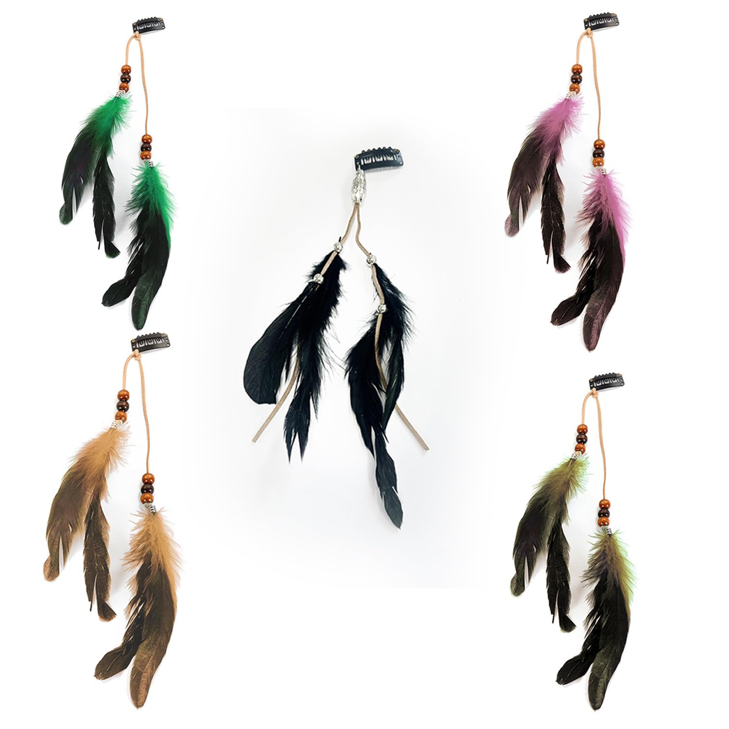 QUETTO5 Pcs Clip-in Feather Hair Extensions Handmade Feather Extensions Women's Halloween Costume Hair Accessories Bohemian Hippie Hair Clips Cosplay Native Tribal Feather Braided Beads Headdress