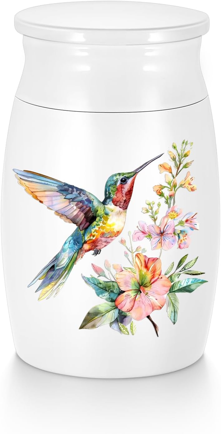 Abooxiu Small Hummingbird Mini Aluminum Memorial Urn - White, Green Pattern - 3 Inches Tall - Human Ashes Keepsake - Secure Threaded Lid - Elegant & Exquisite Craftsmanship - Decorative Urn for Adults