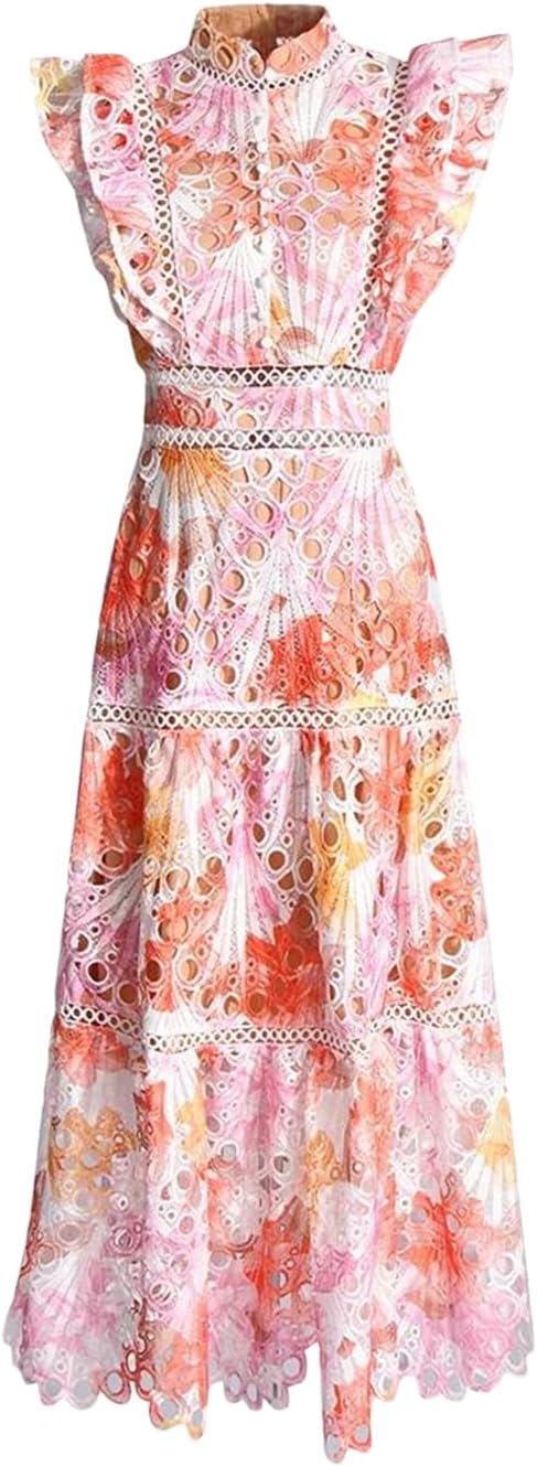 Women's Floral Short Sleeve Hollow Dress Stand Collar High Waist Zipper Mini Dress