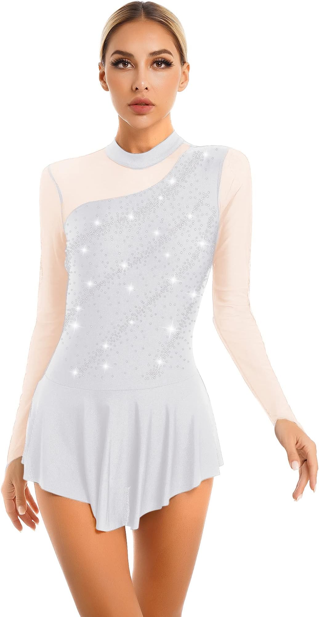Women's Figure Ice Skating Dress Long Sleeve Shiny Rhinestones Roller Skating Lyrical Dance Costume