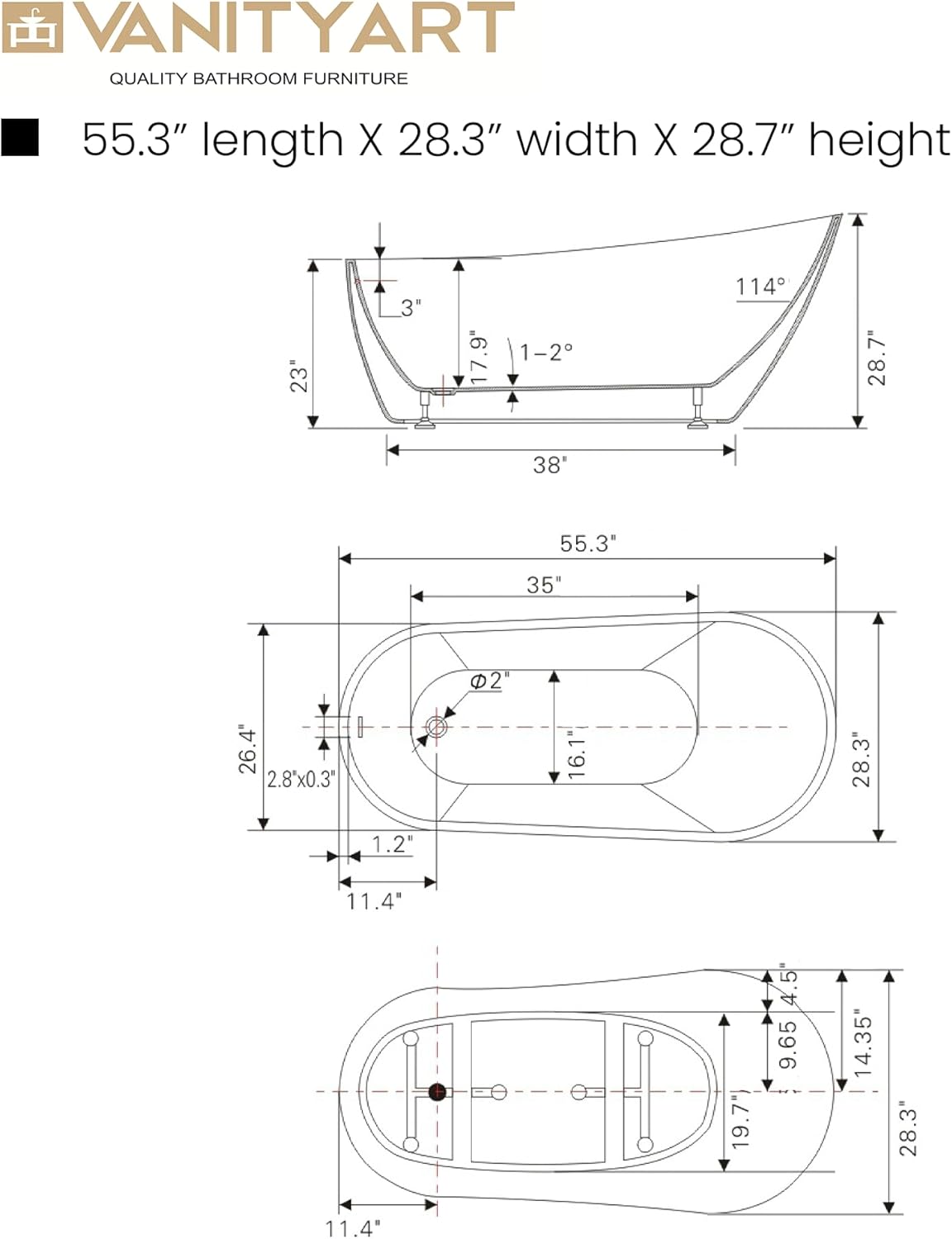 Technical drawing showing the dimensions and internal structure of the Vanity Art 55-inch Freestanding Bathtub.