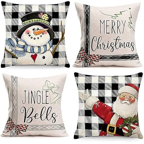 HOOLRO 18x18 Set of 4 Buffalo Plaid Christmas Pillow Covers, Christmas Farmhouse Snowman Santa Holiday Xmas Throw Pillows Cover Merry Christmas Outdoor Pillowcases Decor for Couch (Black Plaid, A) Cover