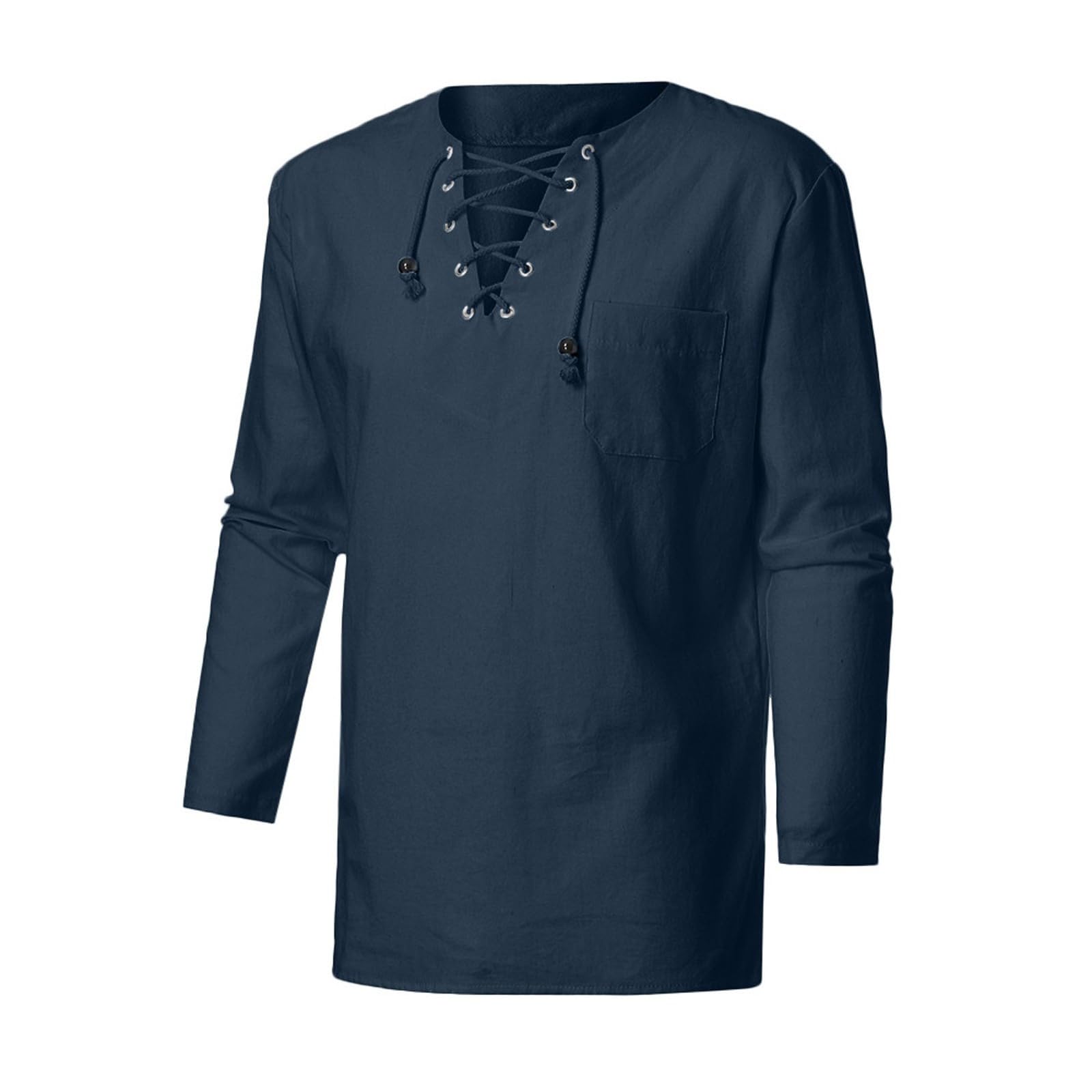Medieval Costume Men Mens Linen Shirts Black Tunic Cowboy Men's Shirt Cotton Long Sleeve Shirt, Retro Lace-Up Top Vintage for Renaissance Pirate Viking Hippy Clothes Oktoberfest Outfit a-Blue L
