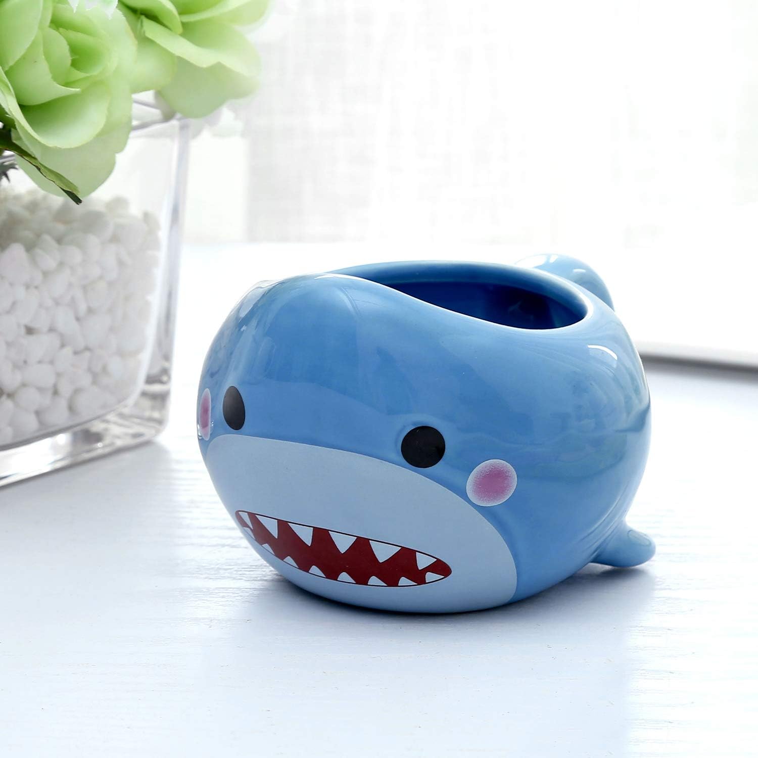 MyGift Blue Ceramic Cute Novelty Coffee Mug with Handle and Cartoon Baby Shark Design, Fun Birthday Gift Mugs for Kids Women Men
