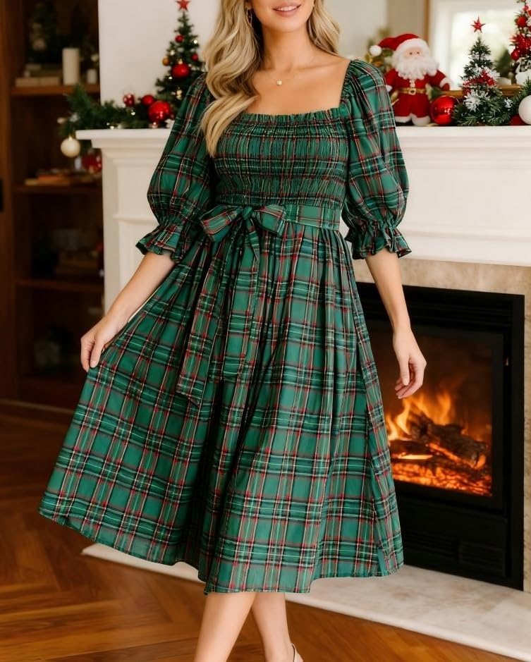Women Christmas Plaid Maxi Dress Puff Sleeve Smocked Long Flowy Dress Bow Tie Ruffle Gingham Dresses - Image 6