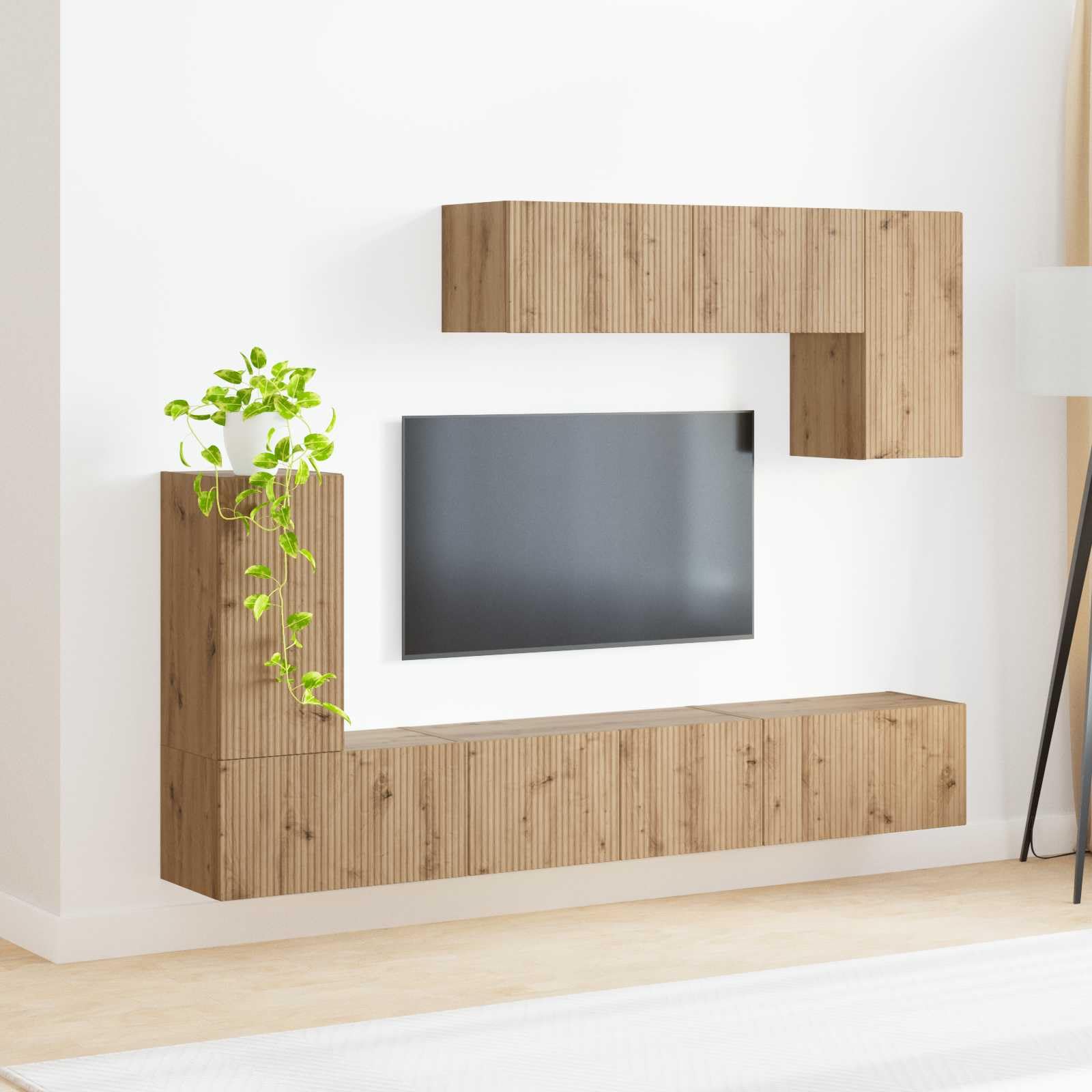 TV-Schrankset Wandmontiert 5-teilig, Hochglanz Weiß Holzwerkstoff, Modernes Media Center für Wohnzimmer, Schlafzimmer, 98x31x29.5cm, mit Stauraum