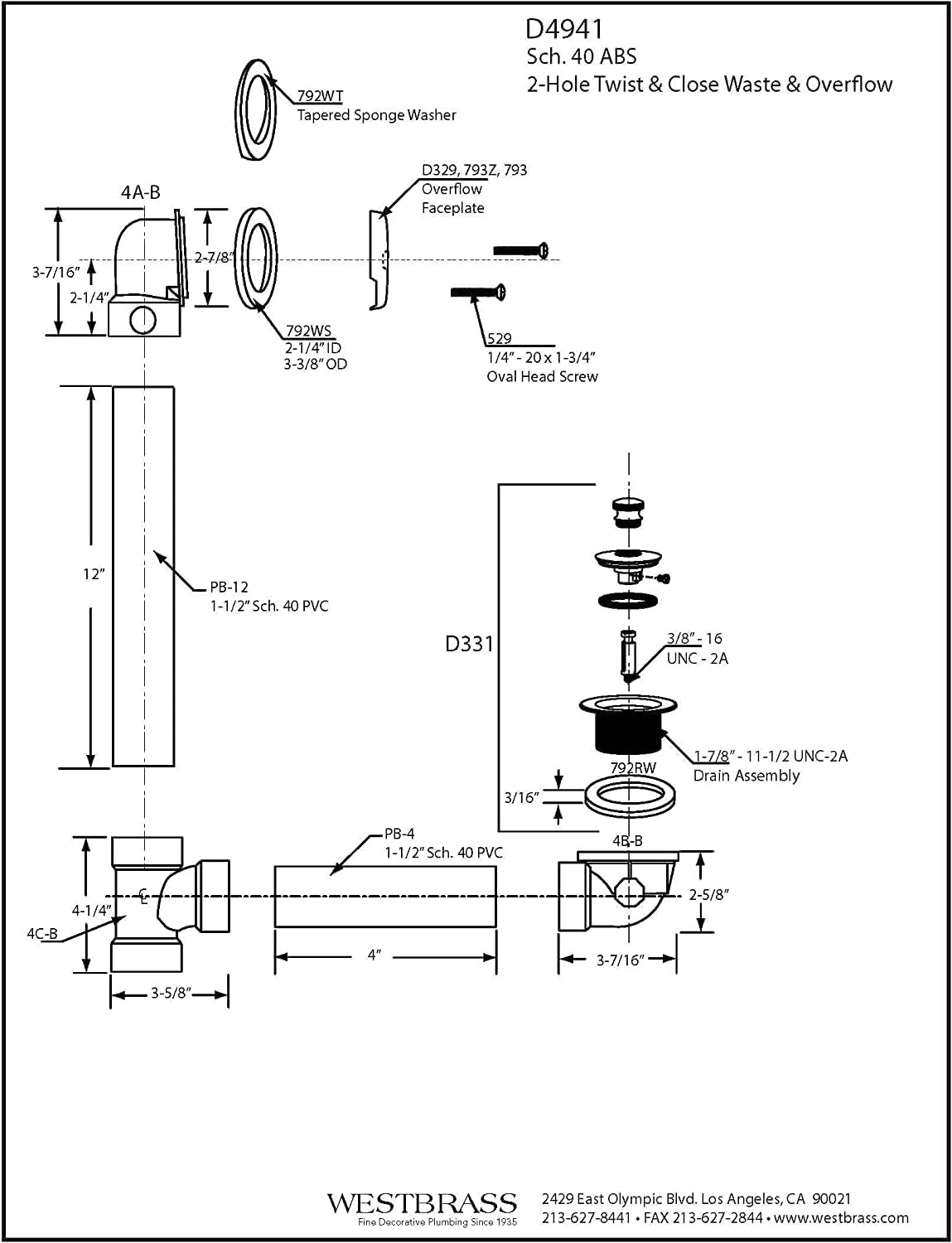 Westbrass Twist & Close Sch. 40 ABS Bath Waste with Two-Hole Elbow, Powder Coat White, D4941-50