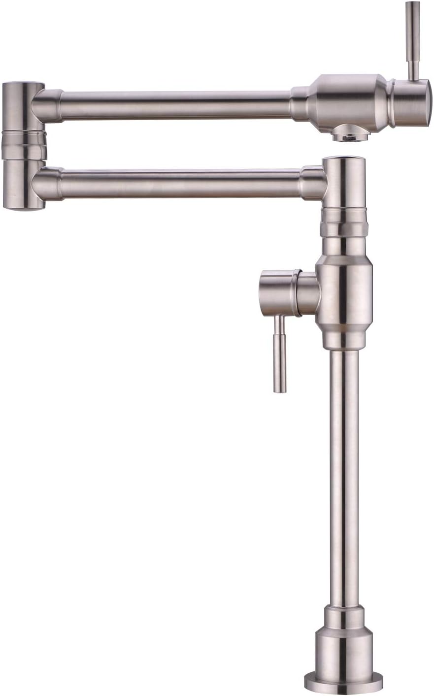 TUTEW Pot Filler Kitchen Faucet, Brushed Nickel, Brass, Deck & Wall Mount, 360 Swivel, Gooseneck Spout, 1 Handle, 1 Hole, DIY Install in 30min