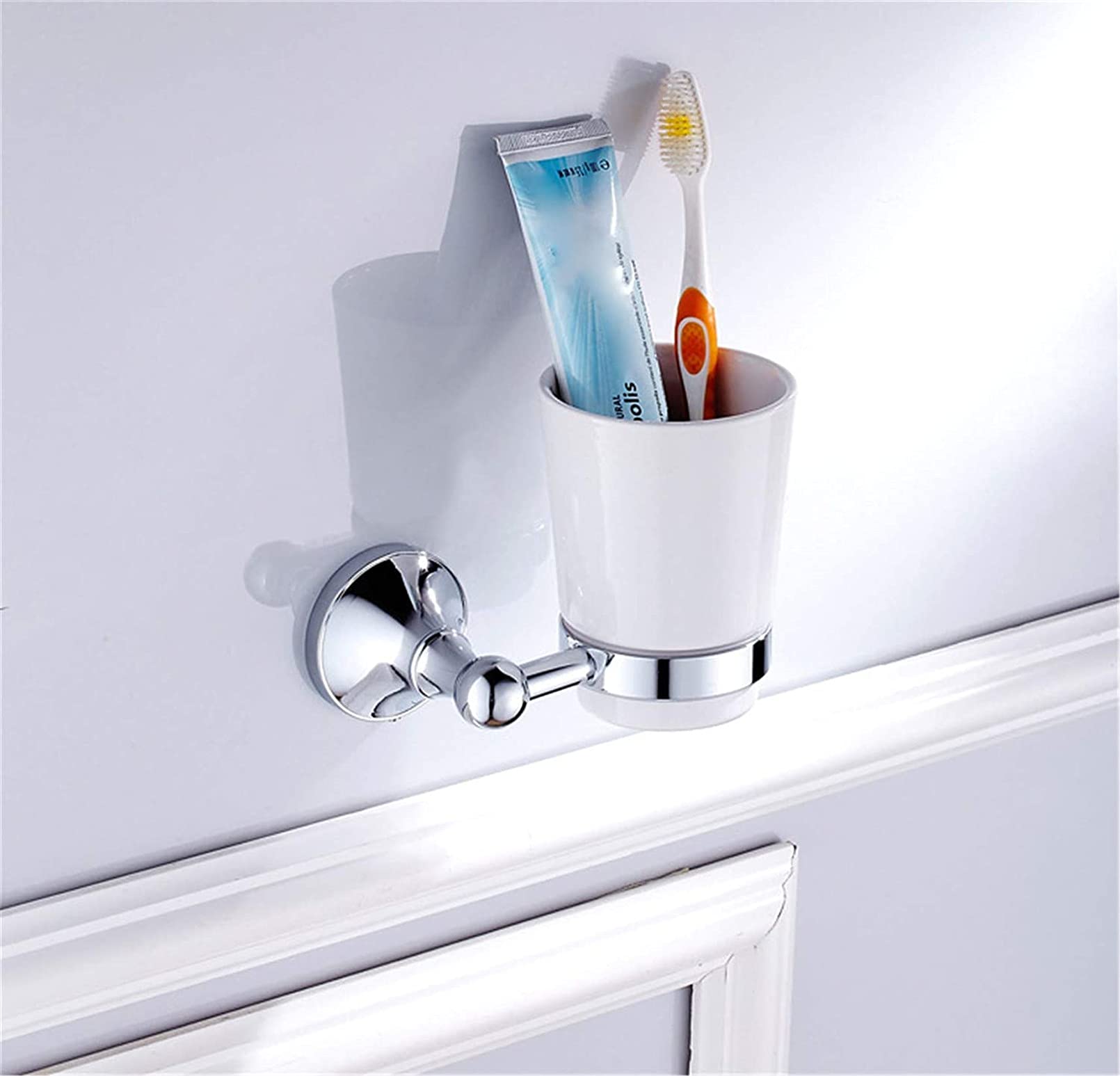 Portavasos para cepillos de Dientes， Soporte Moderno for Cepillo de Dientes Plateado Brillante con Taza de cerámica, Accesorios de baño de latón for Montaje en Pared, perforación(Bronze)