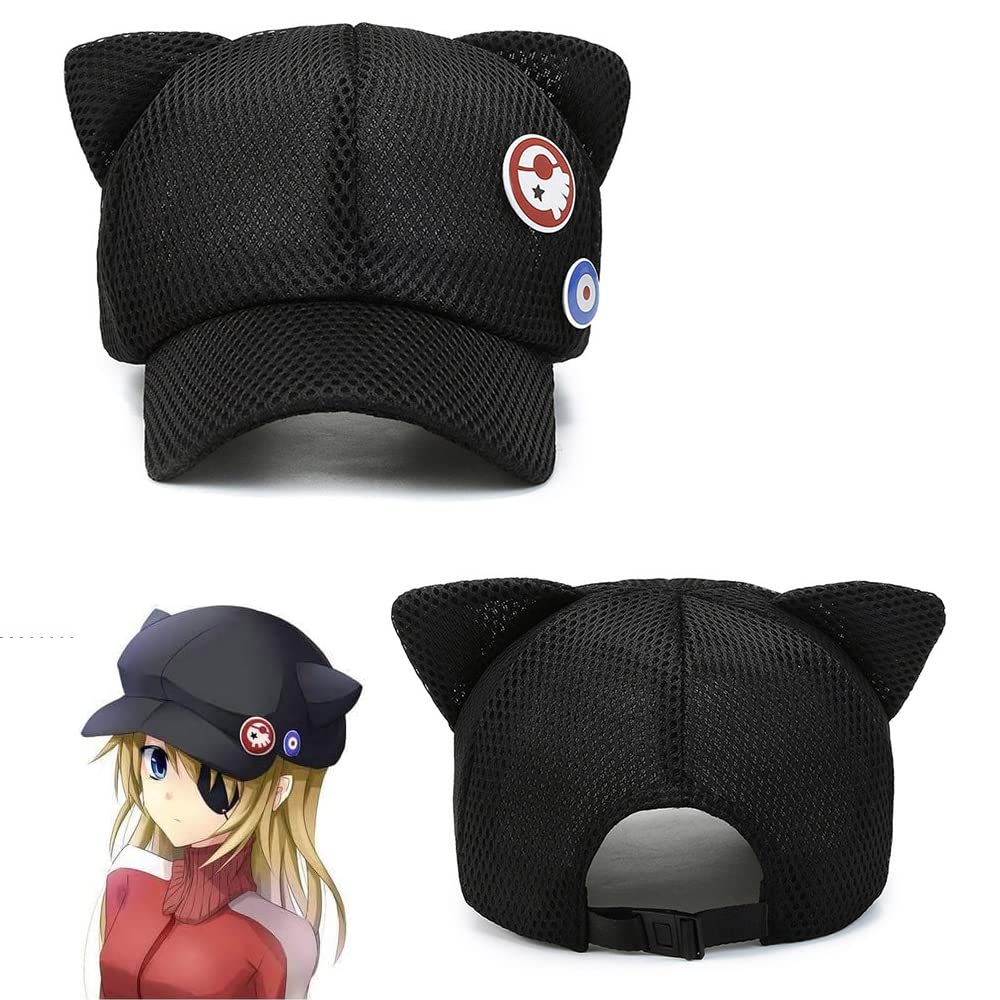 ヱヴァンゲリヲン新劇場版:Q アスカ風 猫耳帽子 バッジ・眼帯付！4点セット 小道具 キャップ ヱヴァンゲリヲン新劇場版 アスカの帽子(缶バッジ2個付き