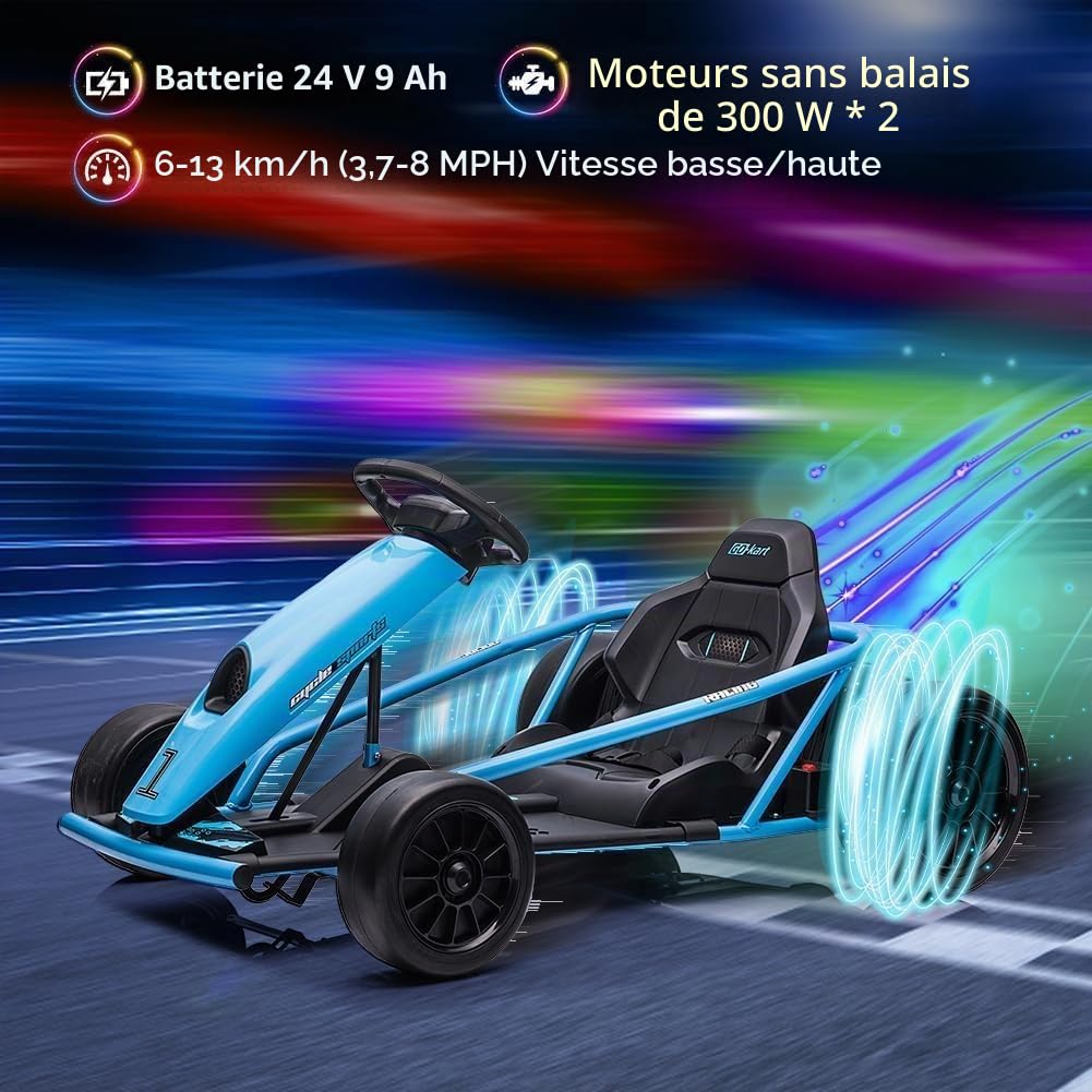 Go-Kart électrique Enfant 24V Drift, 2x300W, 6–18 km/h, Batterie 9Ah, démarrage progressif, siège réglable, autonomie env. 60 Min, Musique/MP3 + klaxon, Puissance 70 kg - Bleu