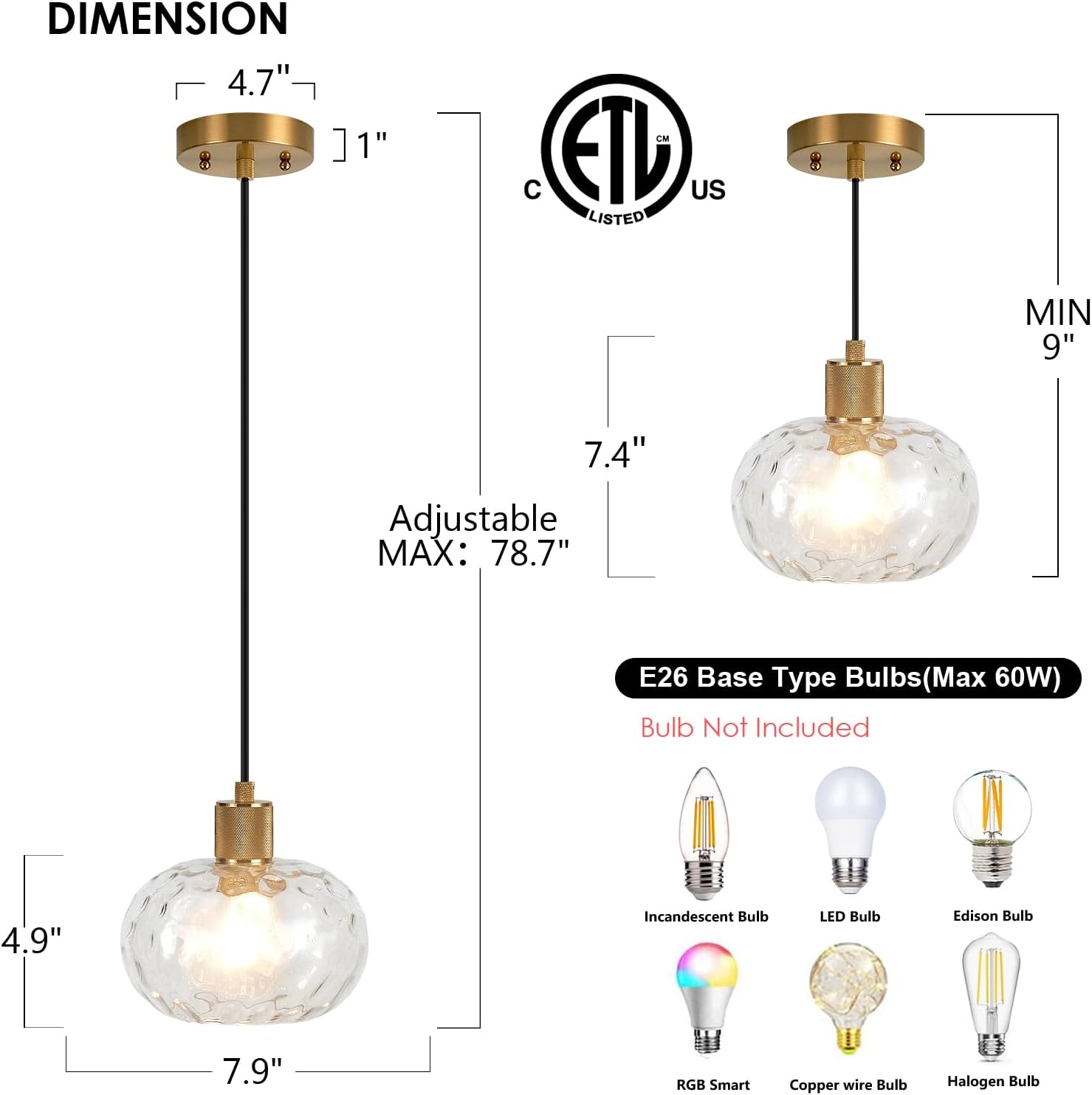 Glass Pendant Lights Kitchen Island 8 Inch Adjustable Pendant Light Fixtures with Hand-Blown Hammer Glass Farmhouse Hanging Light for Kitchen Sink Dining Room Bedroom Hallway
