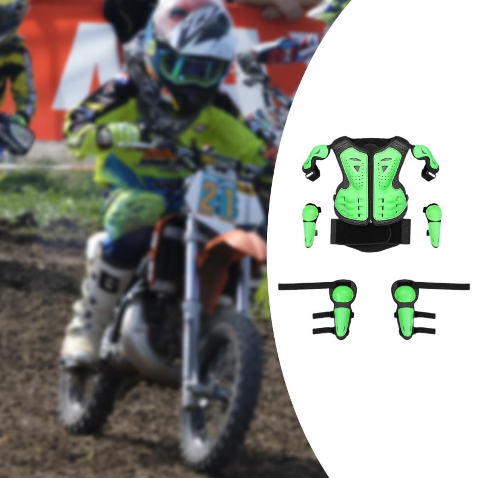 Tuta per armatura da motociclista per bambini con imbottitura per protezione spalla, braccio, gomito, ginocchio, verde