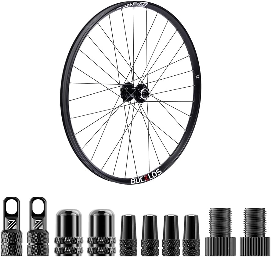 BUCKLOS 29 inch Thru Axle Boost MTB Wheelset, Front 15 * 110mm, Disc Brake Mountain Bike Wheel & Bike Tire Valve Stem Cap Set, Presta Valve and Schrader Valve Caps