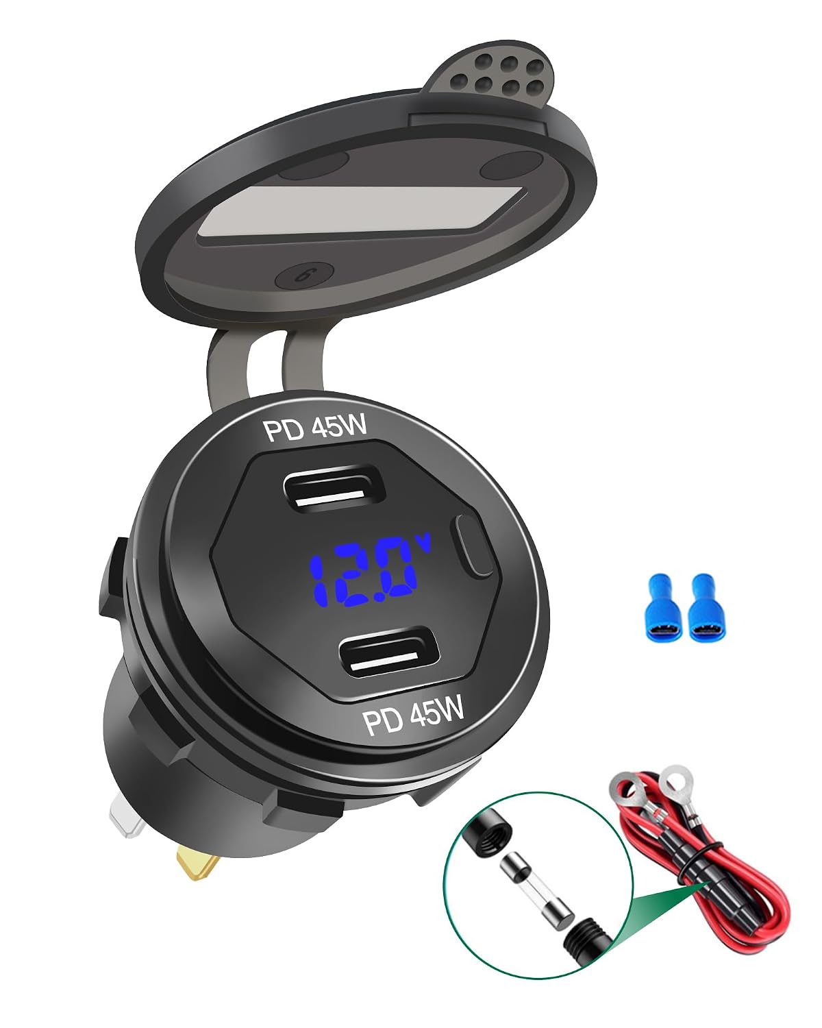 LENKRAD Quick Charge 3.0 USB Outlet 12V/24V with Blue Voltmeter, Waterproof Marine New Energy USB Outlet,Rv Dual USB Charge Port Electrical Outlet with Fast Charge USB for Golf Cart Motorcycl