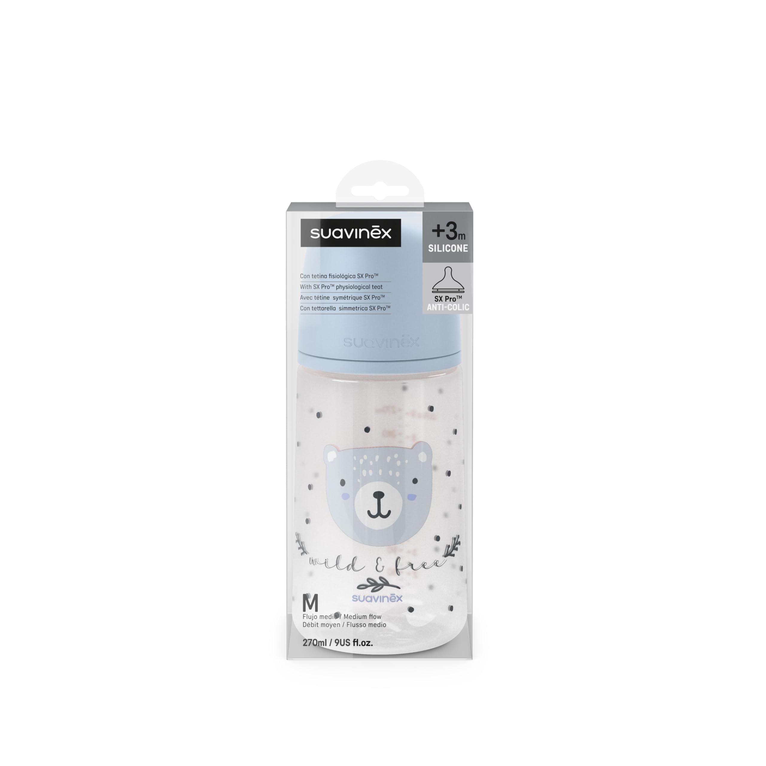 Suavinex, Biberon da 270 ml con tettarella fisiologica SX Pro in silicone con valvola anti-coliche, flusso medio (M), per liquidi a media densità, latte, succhi o acqua. Neonati +3 Mesi. Wild&Free Blu