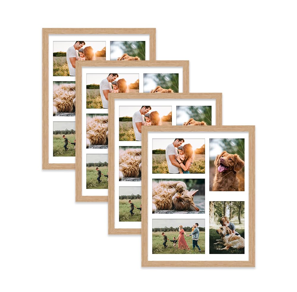 Oak Multi Photo Frame - Holds 5 x 6x4 Pictures, Family Collage Picture Frame for Wall Display, 14x11 Frame size, Set of 4