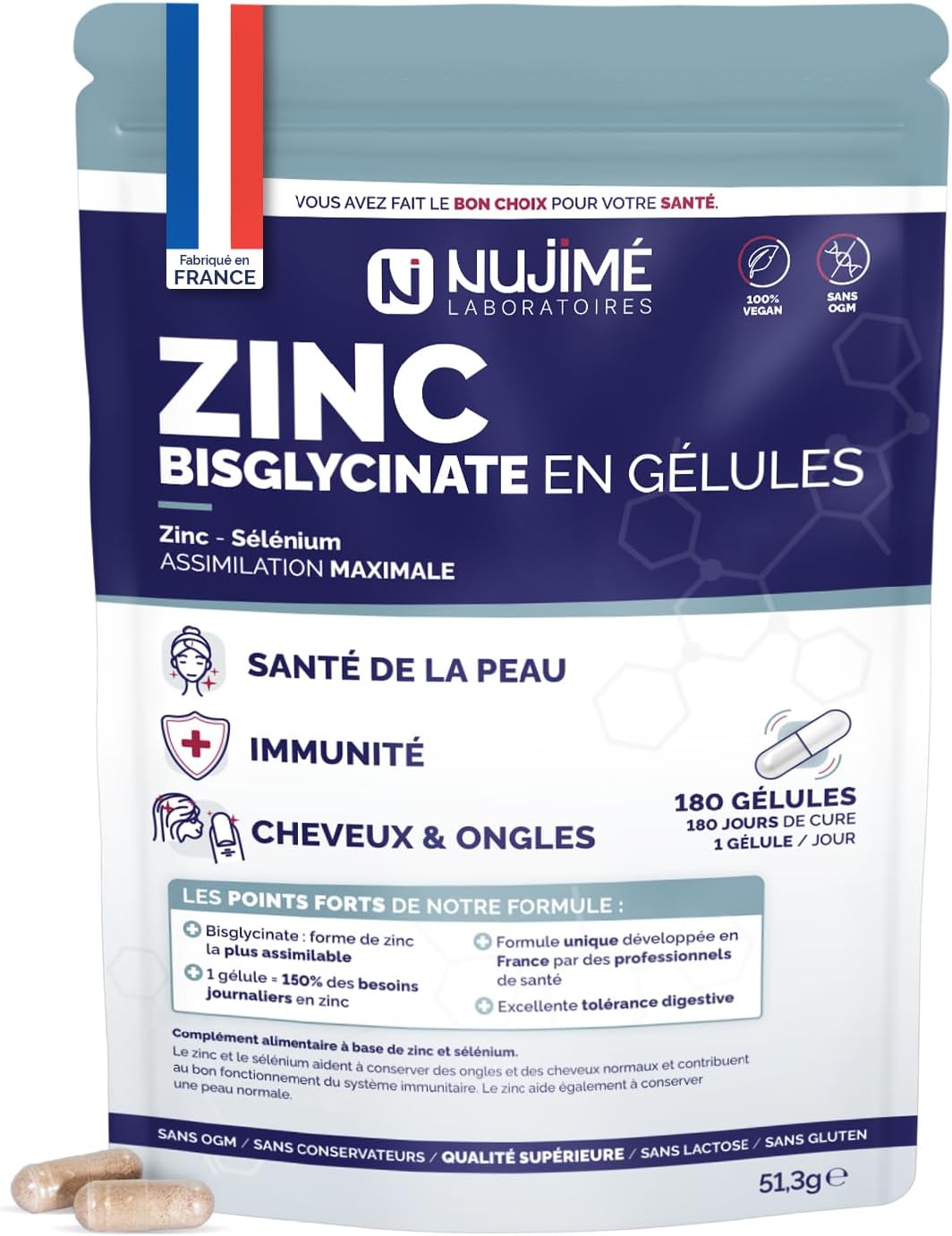 Zinc Bisglycinate 15mg + Selenium | Maximum Assimilation | Skin, Nails, Hair, Immunity, Fertility | Made in France (180 Capsules | 6 Months)