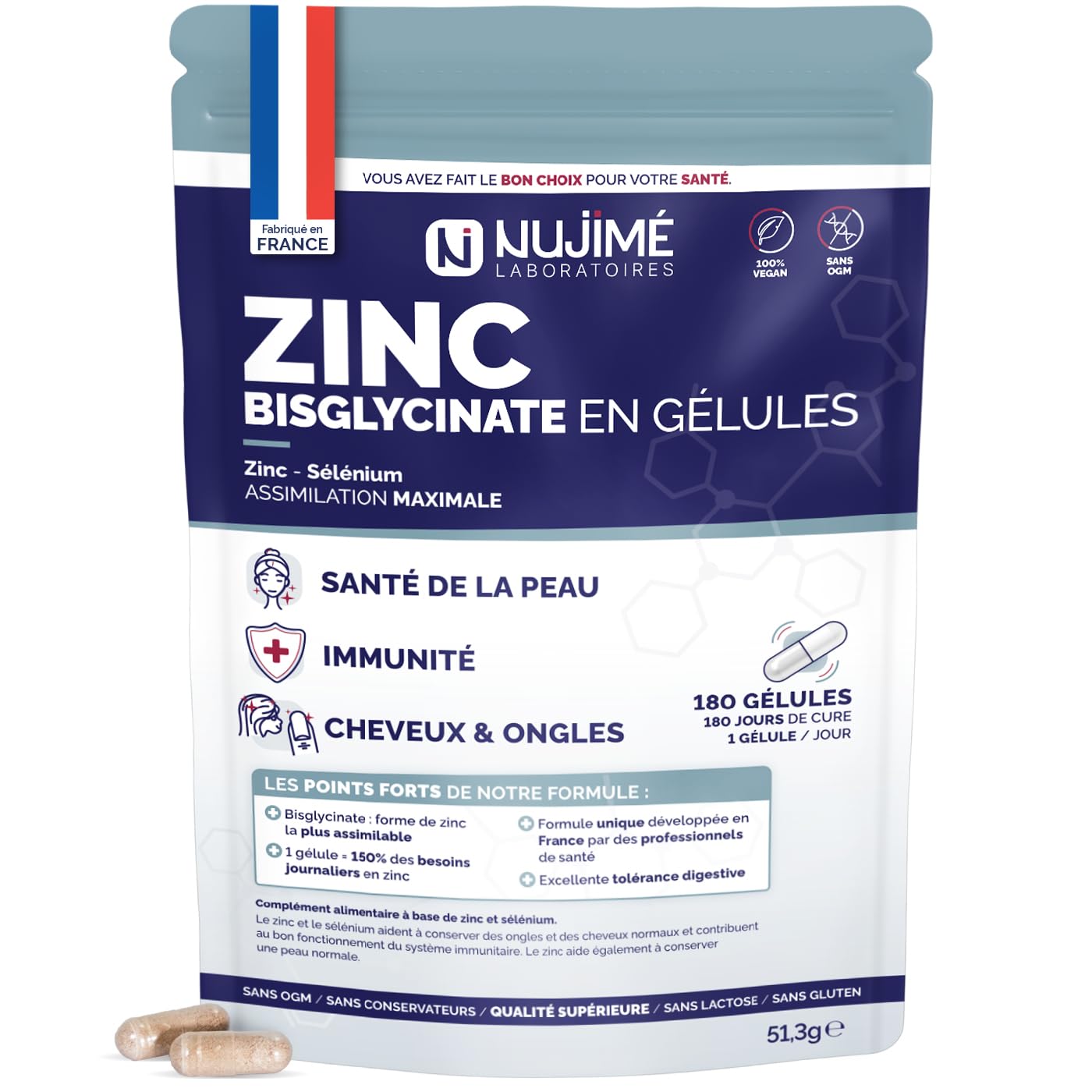 Zinc Bisglycinate 15mg + Sélénium | Assimilation Maximale | Peau, Ongles, Cheveux, Immunité, Fertilité | Fabriqué en France (180 gélules | 6 mois)