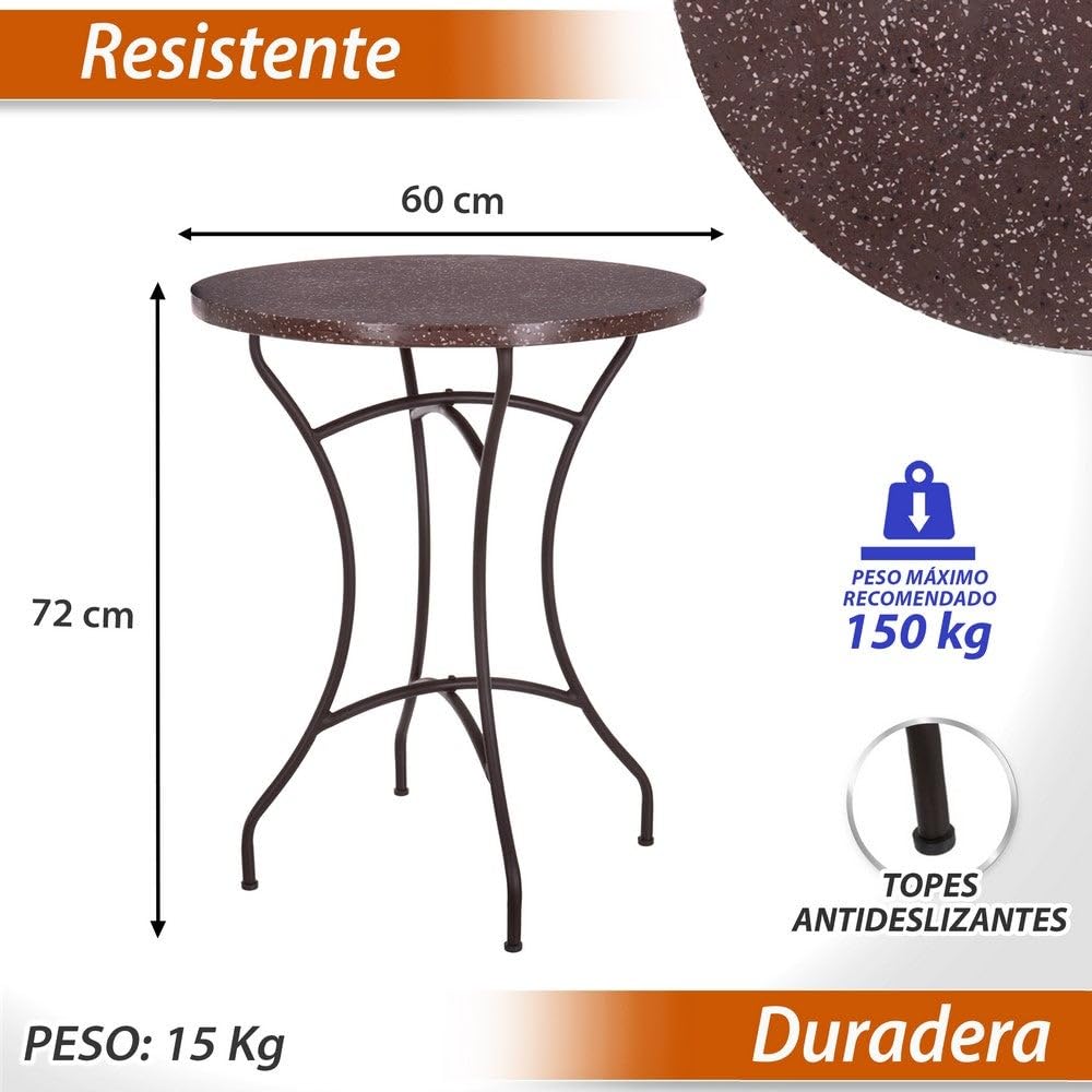 LOLAhome Mesa mármol y 2 sillas de jardín Cartago Marrón Oxido | Estilo Hierro Forjado | Mesa Ø60x72 cm | Sillas 56x61x90 cm Contract, Resistentes, Apilable y con Brazos | para Exterior | Cartago