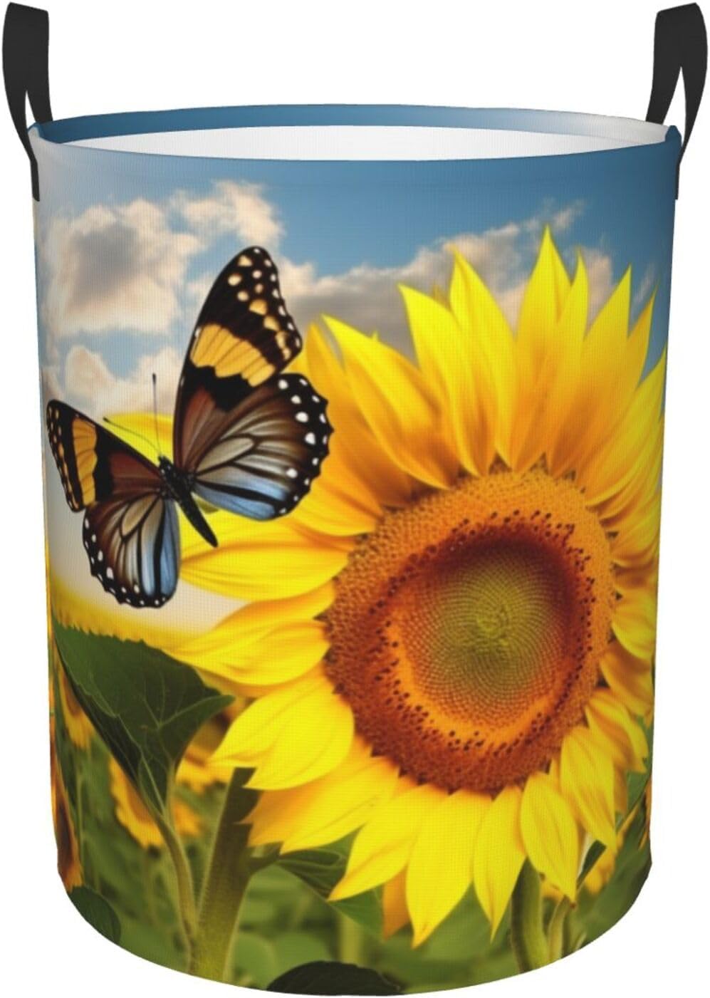 Sunflower Butterfly print Laundry Basket Circular Hamper Waterproof Bathroom Hamper Storage Bin Organizer Basket Laundry Hamper with Handles for Clothes Toys Small