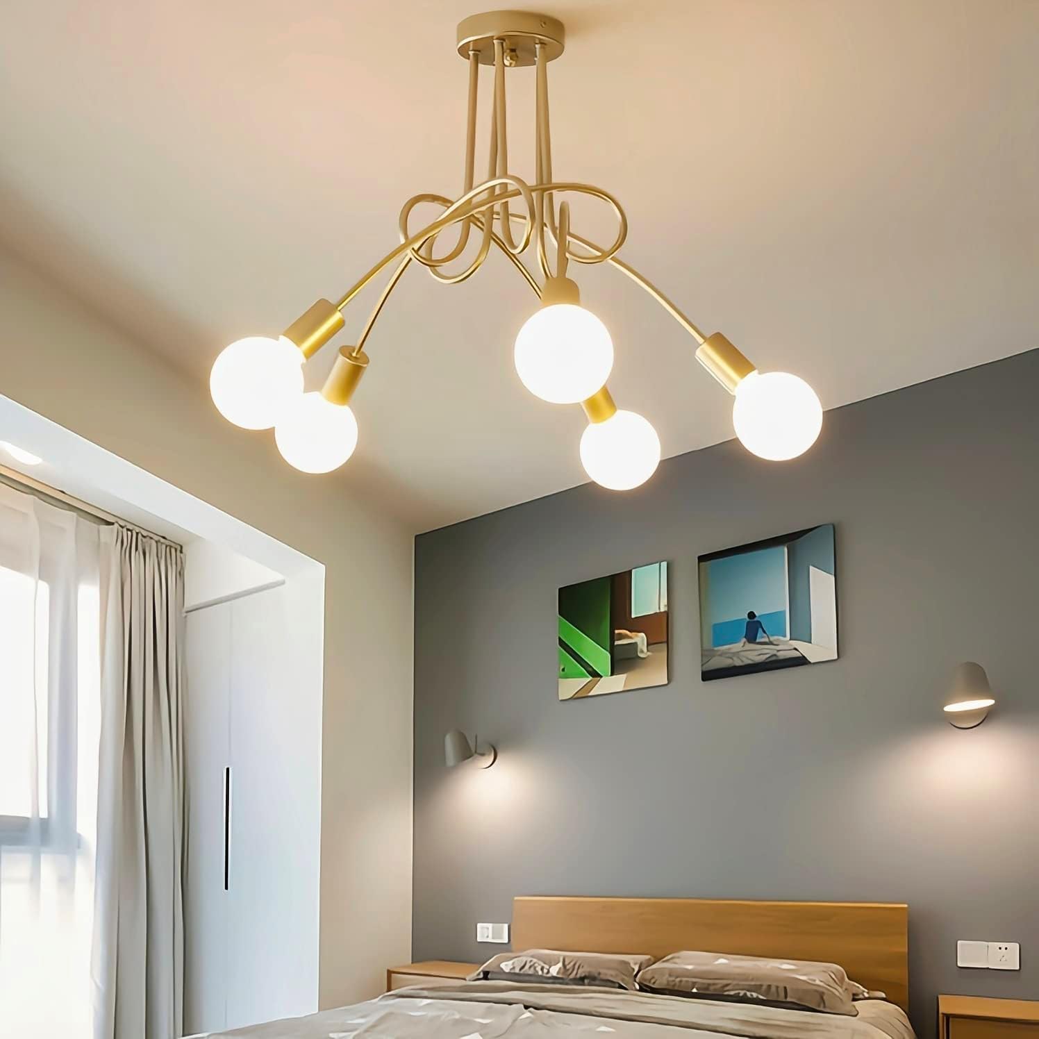 HUA QIANG WANG Modern Gold Ceiling Light, 5-Light Sputnik Chandelier for Living room Dining Room Bedroom Kitchen Island Hallway(Bulbs Not Included)