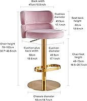 Vista 2 de Velvet Bar Stools Modern Swivel Adjustable Height Kitchen Counter Bar Stools with Footrest for Living Room Dining Room (GOLG, Pink 1pcs)