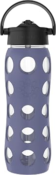 Lifefactory 22-Ounce Glass Water Bottle with Pivot Straw Cap and Protective Silicone Sleeve, Dusty Purple