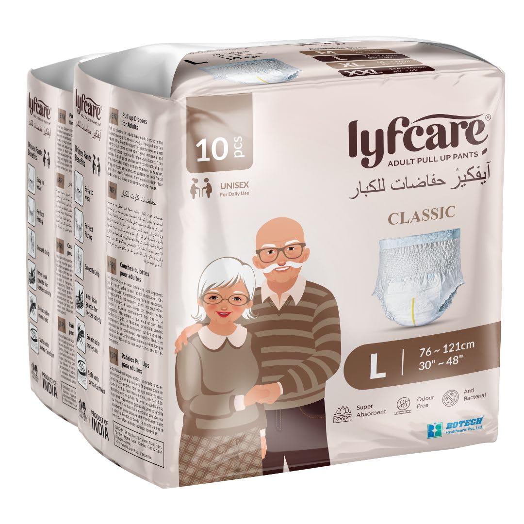 Lyfcare Classic Adult Diapers Large Size (L) - 20 Units (Pack of 2) | Unisex Diapers Pants Style | Waist (75-100 cm) Wetness Indicator, Super absorb, 360° Protection & 0% Leakage | For Men & Women-image-40