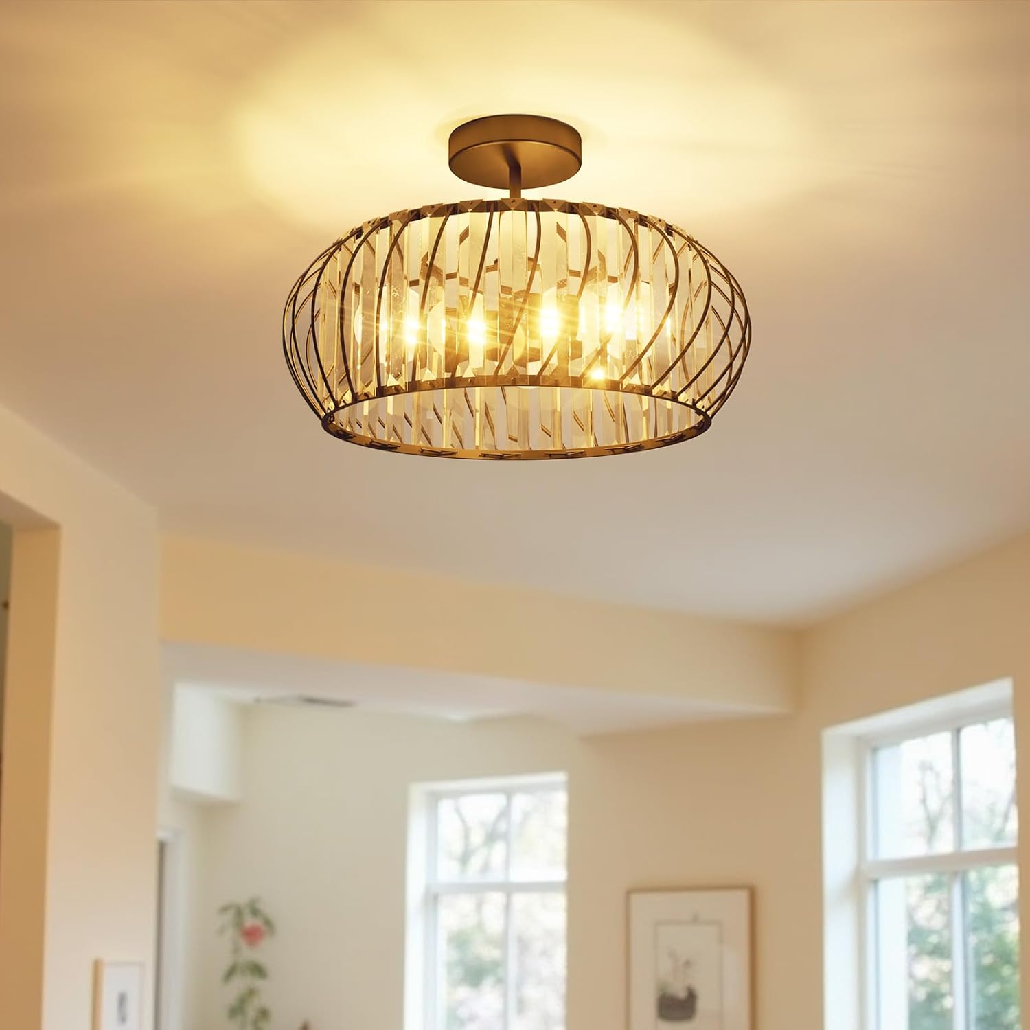 ANWIO 15.8inch Crystal Semi Flush Mount Ceiling Light Fixtures, 3-Light Black Chandelier Bedroom Ceiling Light Fixtures, Living Room Light Fixture for Kitchen Hallway Bathroom Dining Room, E12