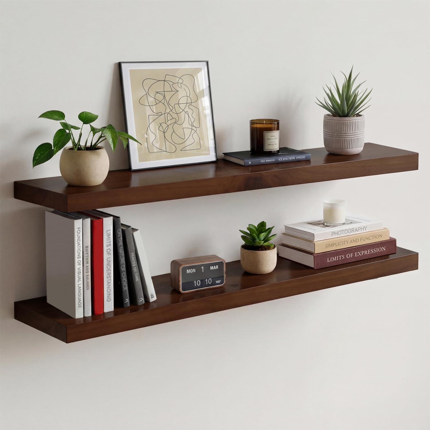 Homeforia Walnut 36 inch Floating Shelf, High End Solid Real Wood 36inch Large Shelves for Bathroom Wall, Dark Brown 36 inches Long Floating Shelves, Heavy Duty Bracket, 36 X 6.5 X 1.75 inch, Set of 2