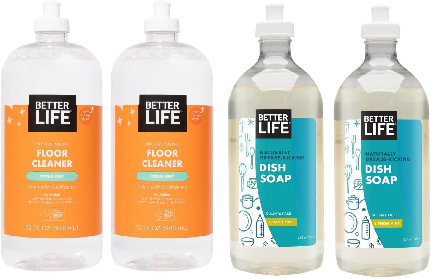 Better Life Floor Cleaner Citrus Mint 32 Oz 2 Pack + Dish Soap Lemon Mint 22 Oz 2 Pack